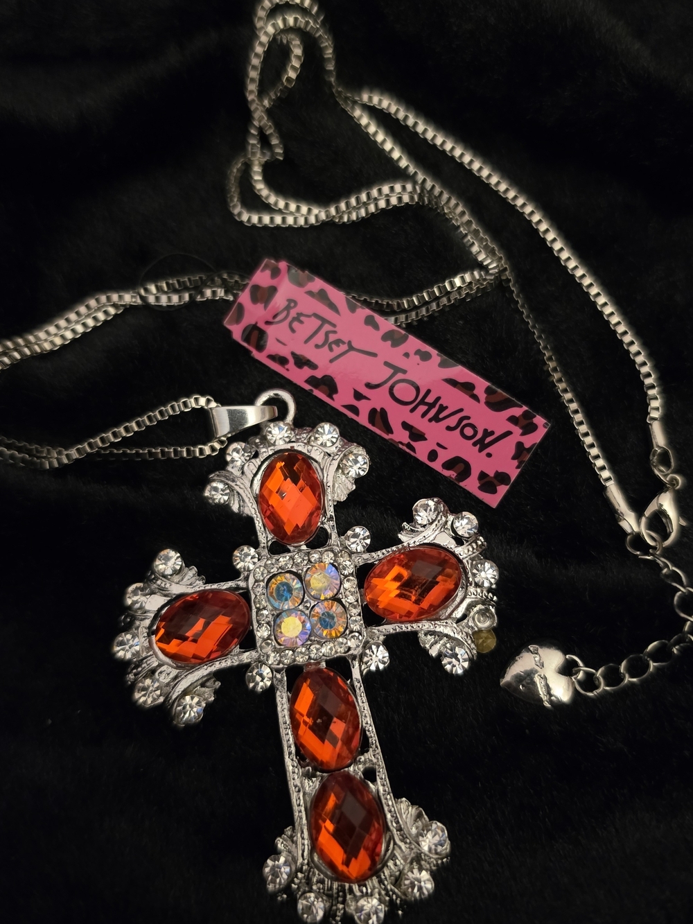 Silver-Tone Cross Necklace with Red and Aurora Crystals